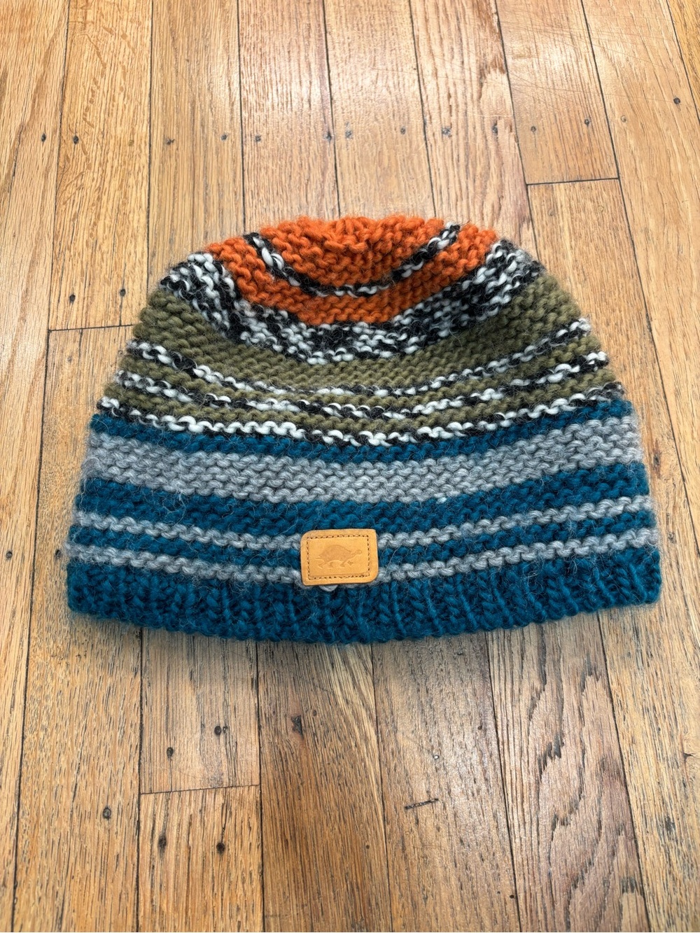 Striped Knit Beanie in Teal, Gray, Olive & Orange